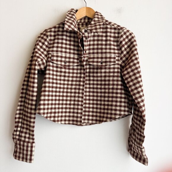 Sezane Check Print Long Sleeve Cropped Linen Blend Shirt 36/S - Picture 2 of 6